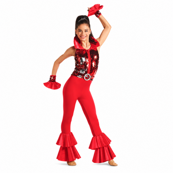 Red sequin top and flared pants, Weissman style 10916