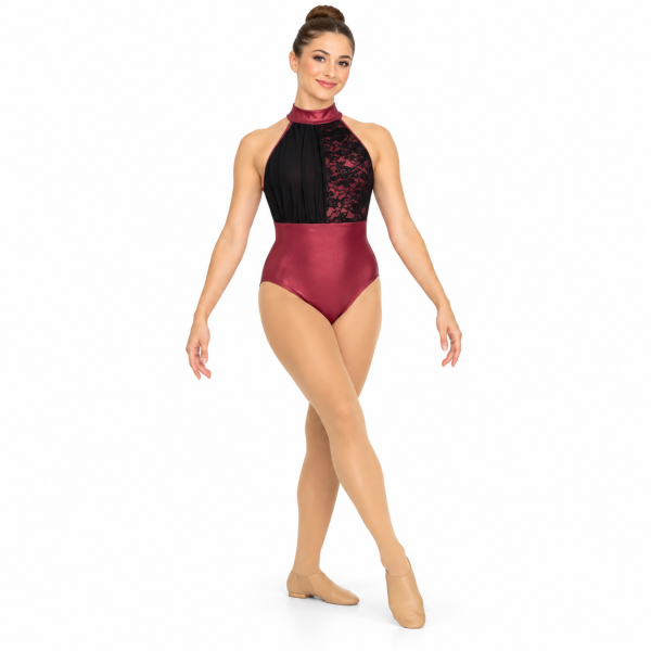 Margeaux 22013 burgundy and black lace halter leotard, front view