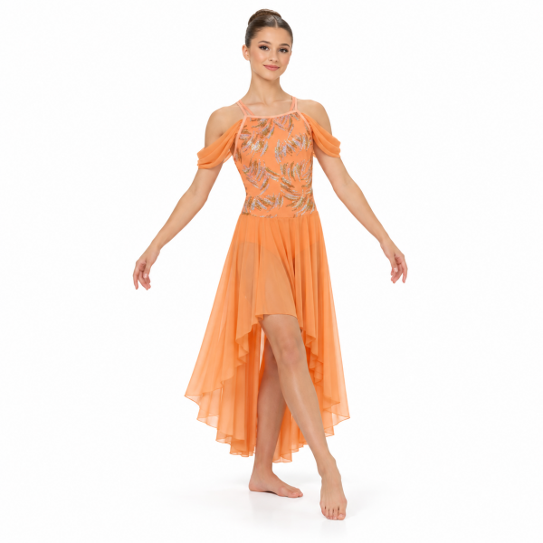 117133 Orange Sequin Draped Shoulder Lyrical Dress Main