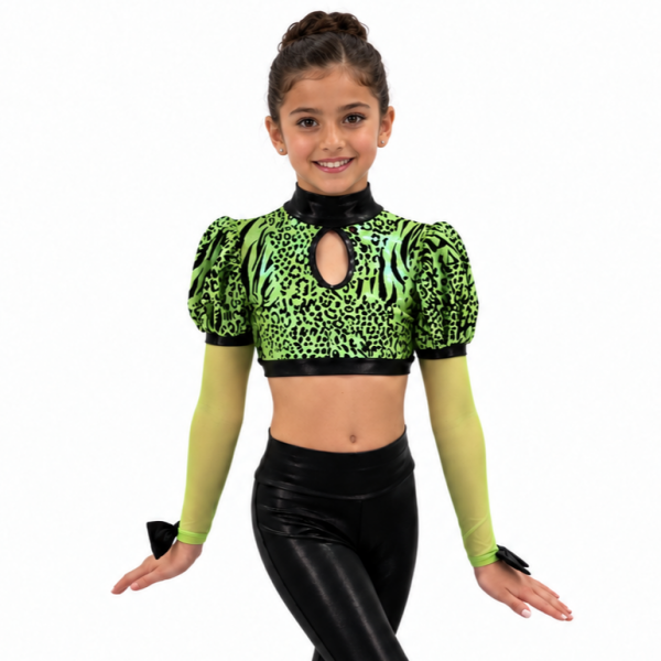 Green Puff Sleeve Leopard Crop Top 4