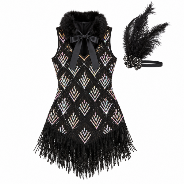 Black Ain’t Misbehavin’ sequin fringe dress with collar and headpiece, without gloves