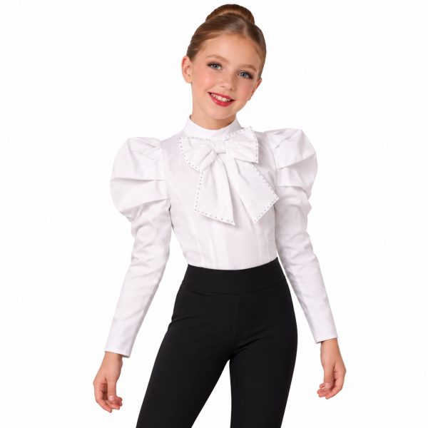 Bow Front Puff Sleeve Mock Neck Blouse 103