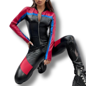 Zip Up Colorblock PU Leather Unitard 4