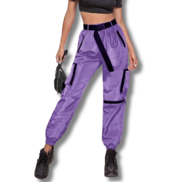 Cargo Pants – Purple Zipper Patch Belted Wind Joggers 4