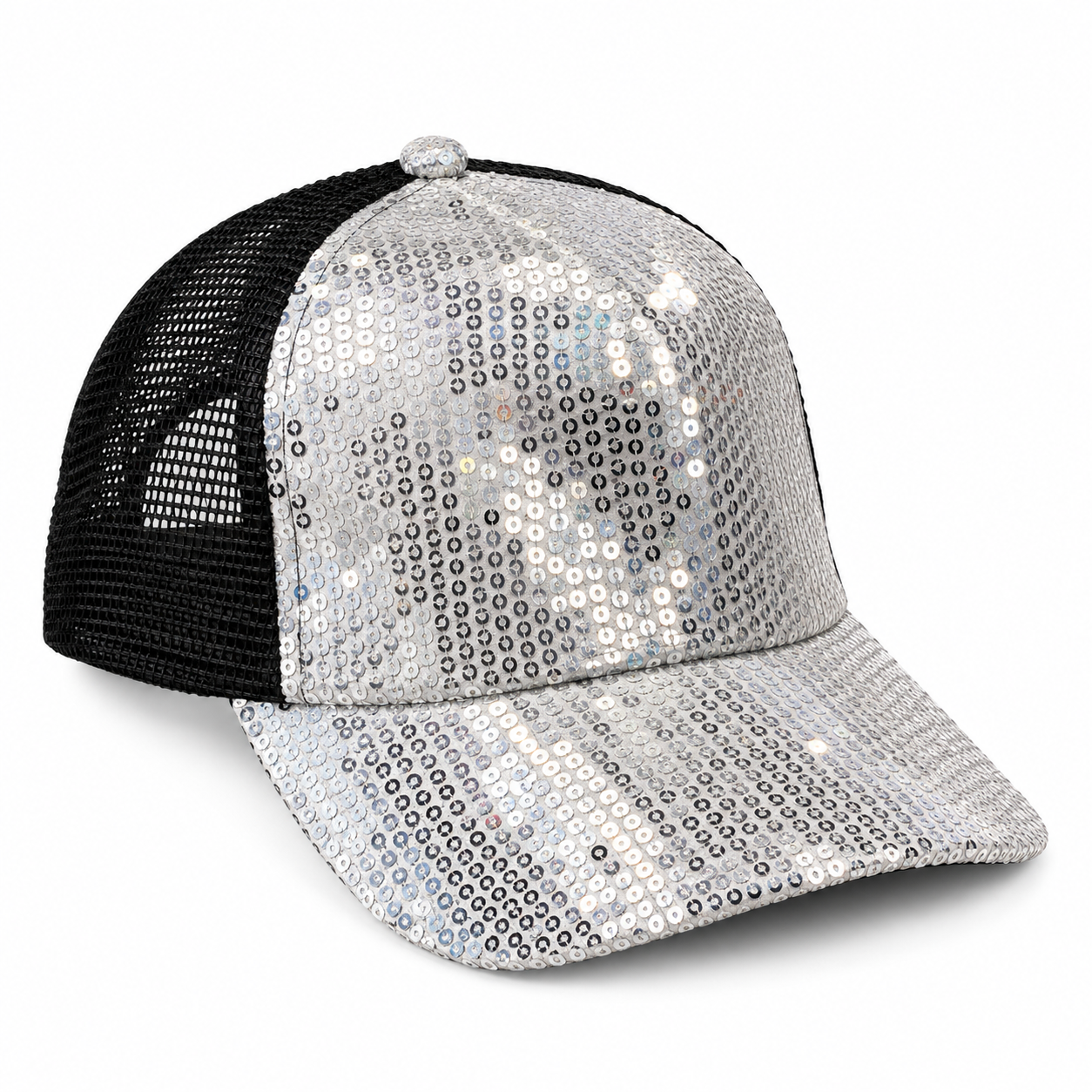 Baseball Hat – Silver Sequin and Black Mesh 6 Baseball Hat – Silver Sequin and Black Mesh 6